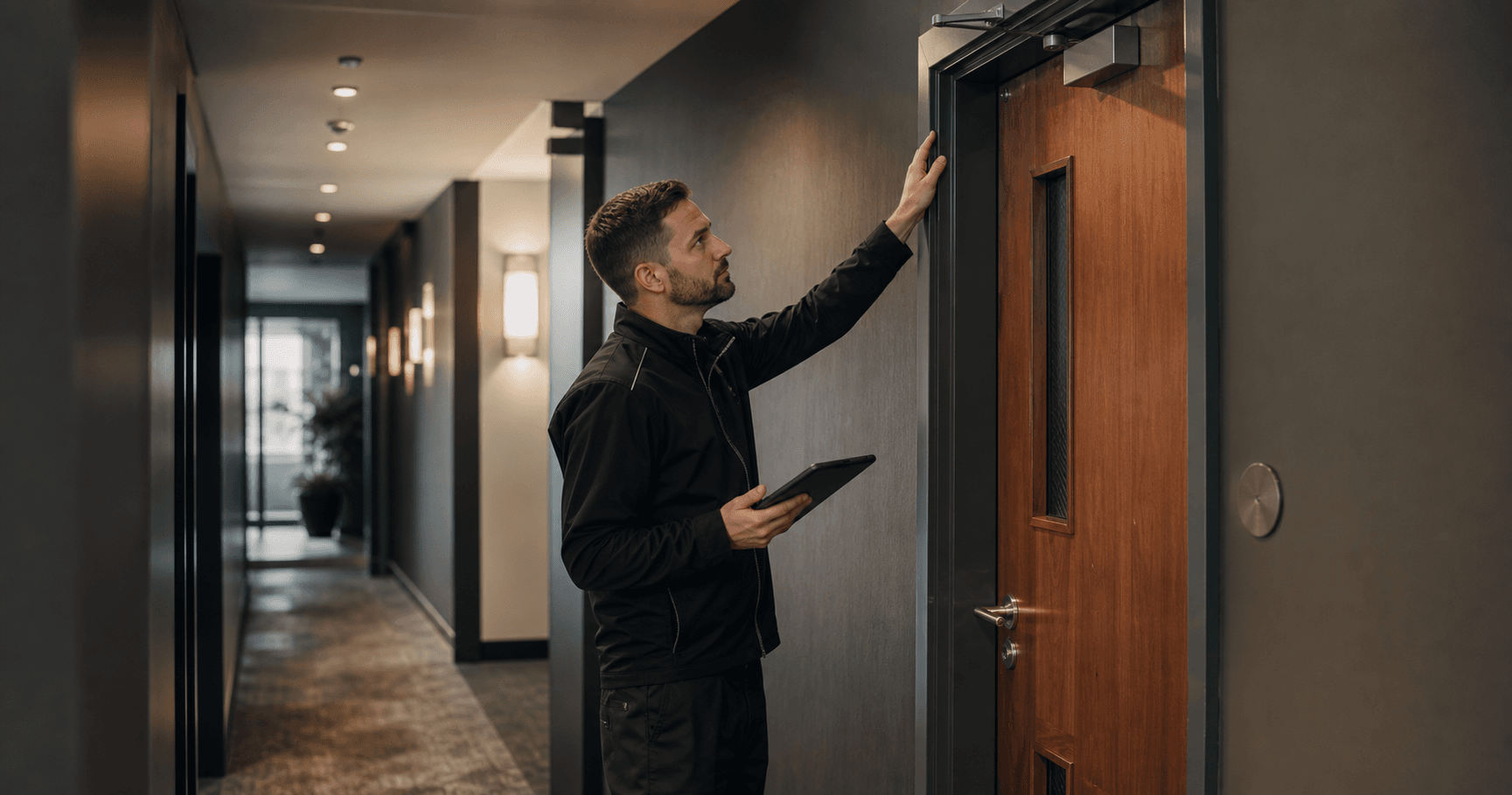 Fire door inspector carrying out a professional inspection in a commercial corridor